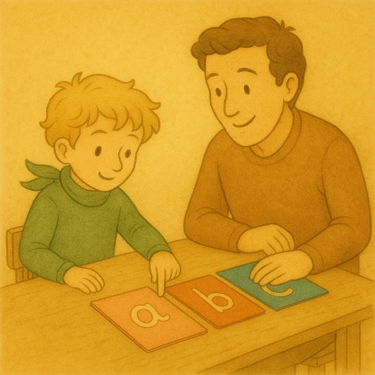 Un enfant apprend les lettres a, b, c avec l’aide d’un adulte, illustrant le matériel Montessori pour l’apprentissage du langage.