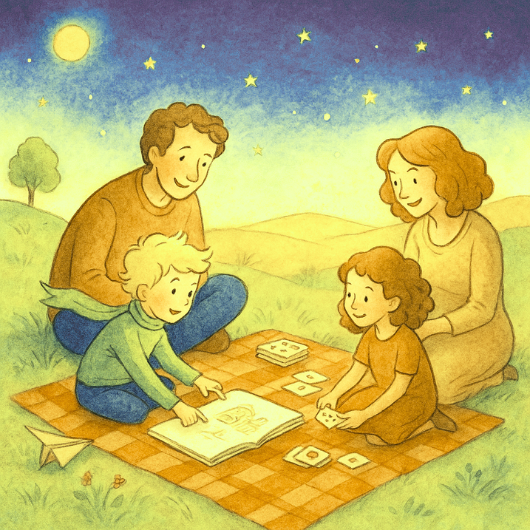 Famille réunie au clair de lune jouant et lisant sur une couverture, illustrant un moment d’activité en famille chaleureux et paisible.