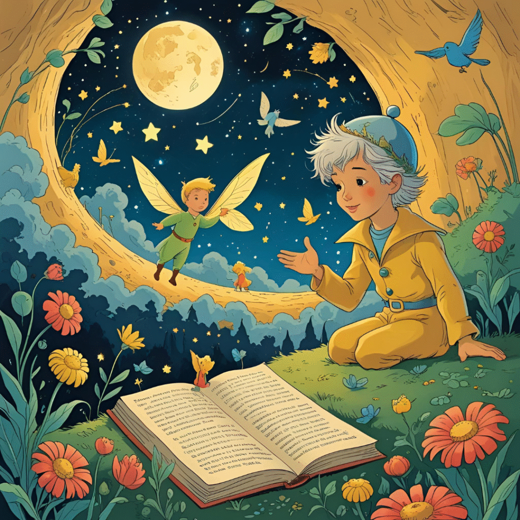 Enfant qui lit une histoire du soir entouré de fées et d’étoiles