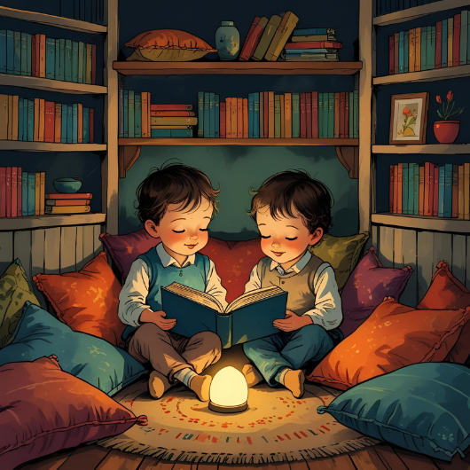 Frère et sœur installés dans un coin lecture, entourés de livres et de coussins.