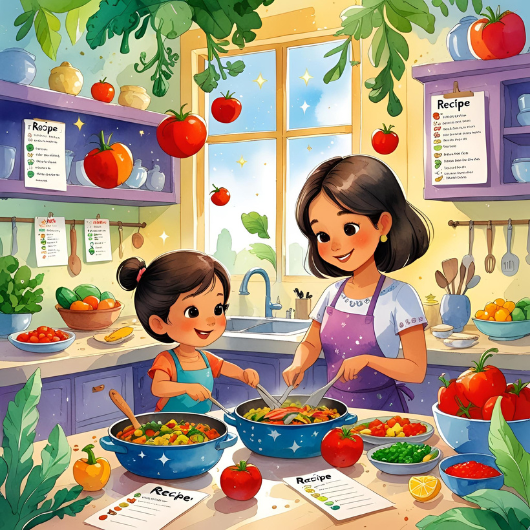 Maman et fille cuisinant dans une cuisine féerique remplie de légumes colorés et de recettes affichées.