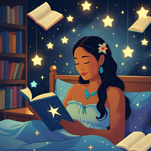 Enfant lisant un livre dans un lit entouré d’étoiles et de livres flottants