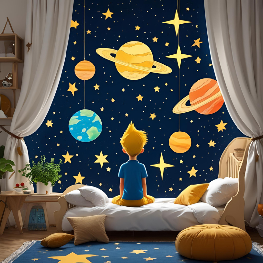 Enfant assis sur un lit regardant des planètes suspendues dans sa chambre décorée sur le thème de l’espace