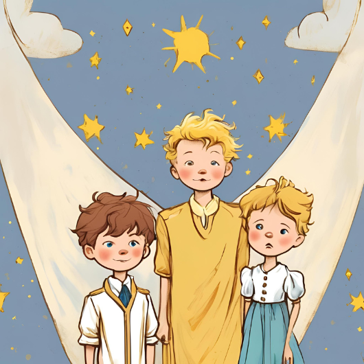 Trois enfants debout sous un ciel étoilé, chacun exprimant une émotion différente dans un décor poétique.