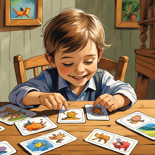 Petit garçon souriant en jouant avec des cartes d’animaux pour apprendre des mots