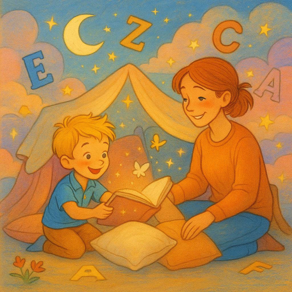 Enfant et adulte construisant une cabane avec des coussins sous un ciel rempli de lettres et d’étoiles