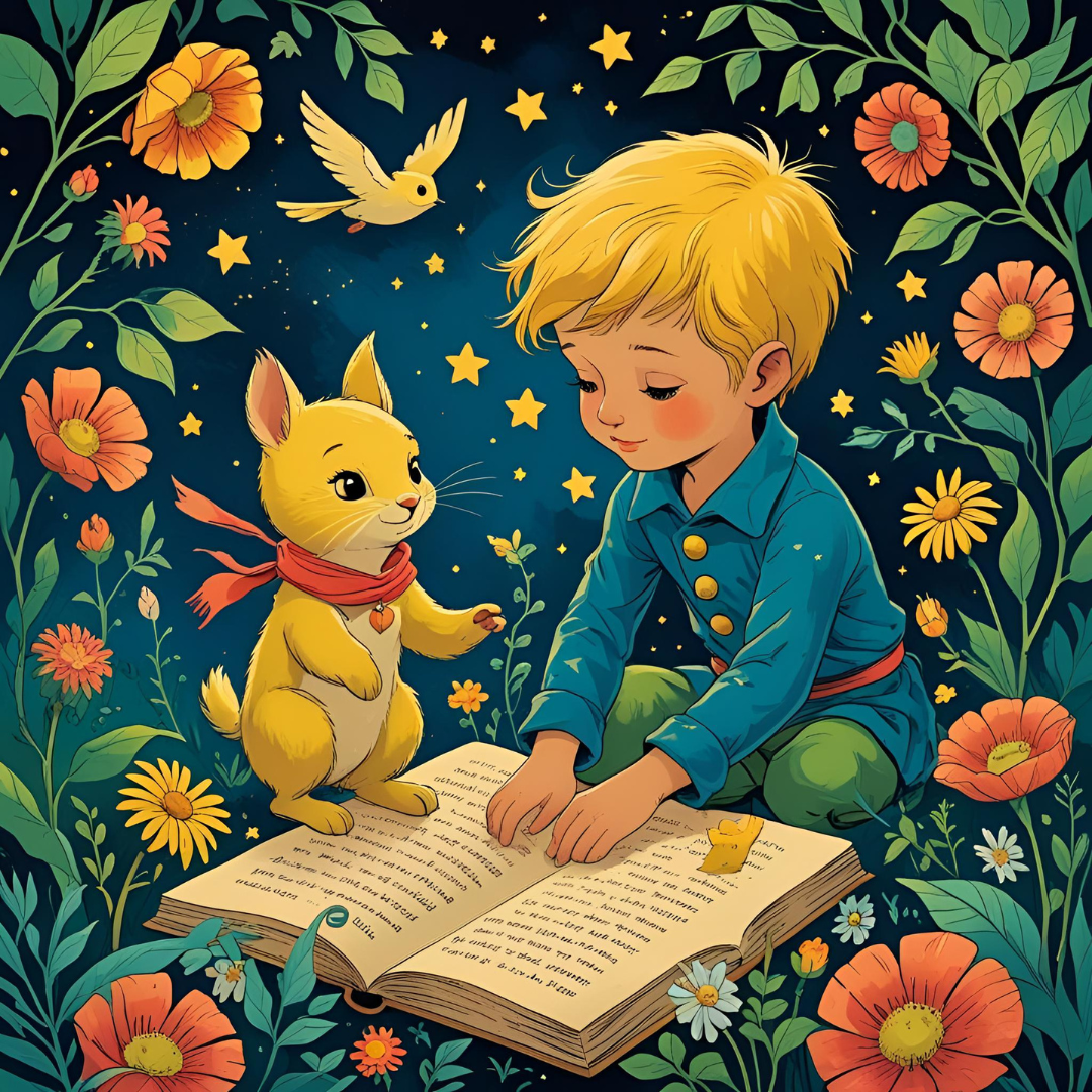 Enfant lisant un livre avec un renard dans un décor fleuri