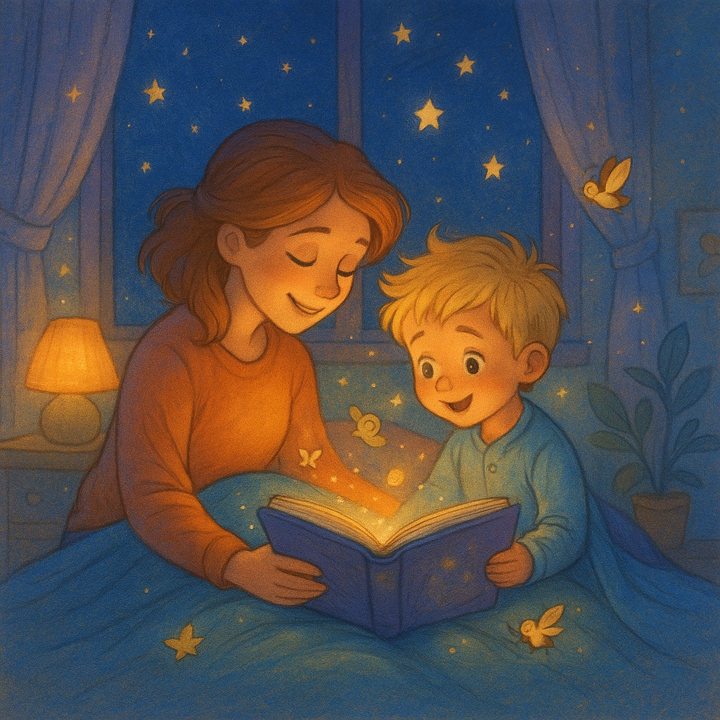 Parent et enfant lisant un livre magique sous une couverture, entourés d’étoiles et de douceur