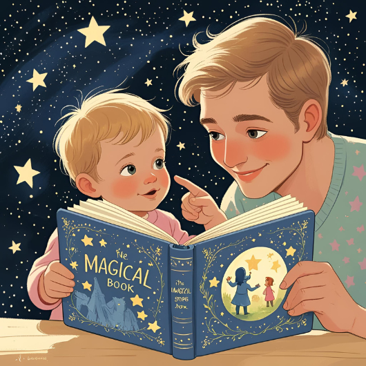 Livre lumineux avec le prénom de l’enfant, des étoiles sortent des pages sous ses yeux émerveillés