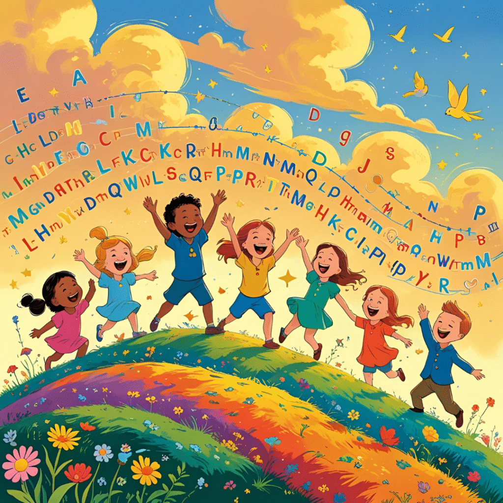 Groupe d’enfants jouant avec des lettres colorées dans le ciel