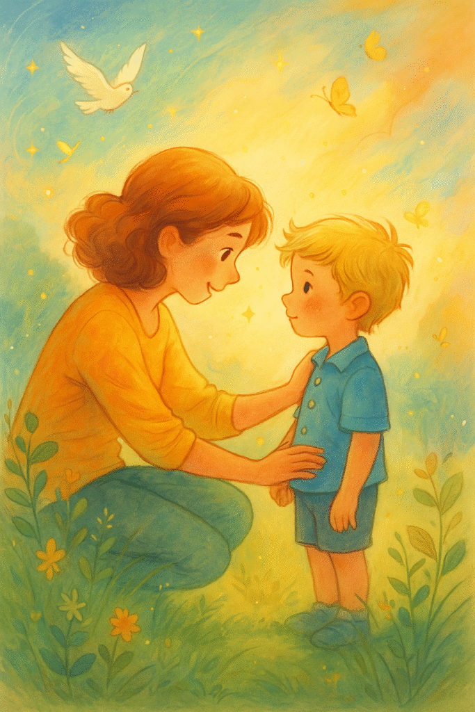 Parent posant une main douce sur l’épaule de son enfant dans un champ ensoleillé rempli de papillons et de lumière
