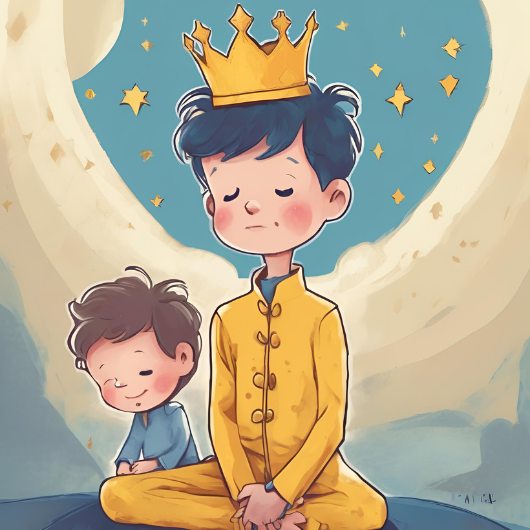 Enfant en tenue royale méditant paisiblement avec un petit frère assis à côté, sous une lune dorée.