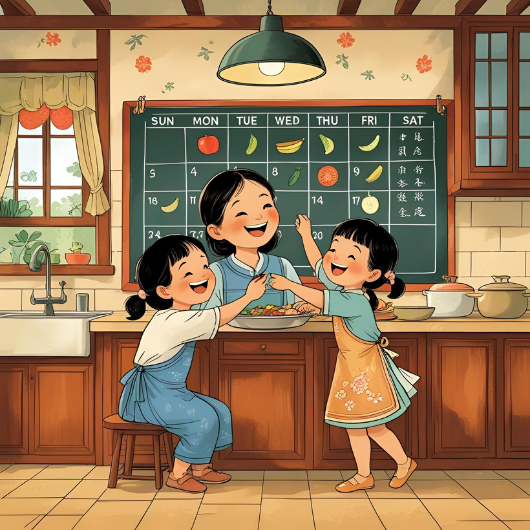 Trois enfants heureux dans une cuisine planifiant les repas de la semaine sur un tableau à craie.