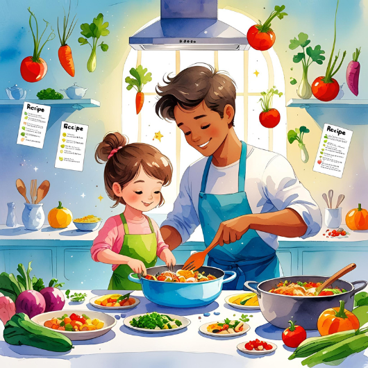 Papa et fille préparant ensemble une recette équilibrée entourés de légumes dans une ambiance joyeuse.