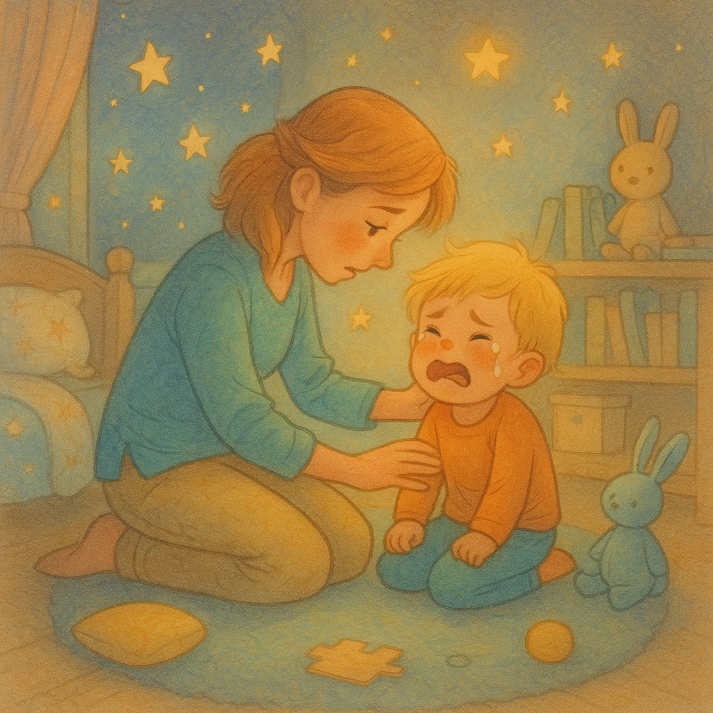 Enfant dans un coin lecture étoilé, lisant un livre lumineux avec son parent